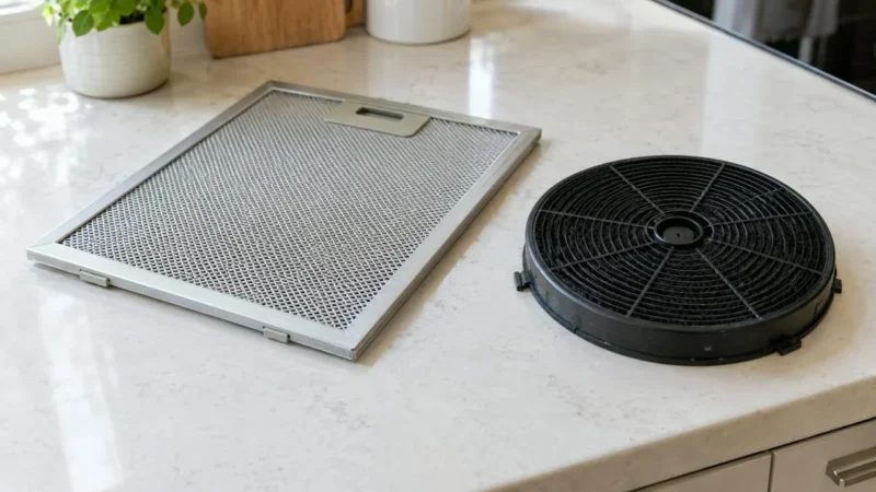 Metalen vetfilter van een afzuigkap naast een rond zwart koolstoffilter