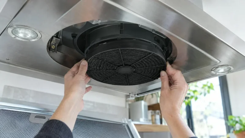 Nieuw rond koolstoffilter wordt aan de onderkant van een afzuigkap geplaatst