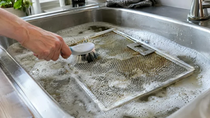 Vetfilter van een afzuigkap weekt in heet sop in de gootsteen en wordt geborsteld