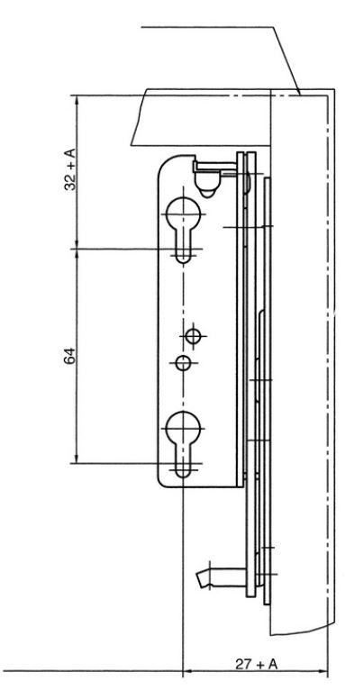 Maattekening montageplaat liftbeslag: schroefgaten op 64 mm, maten 32 + A en 27 + A