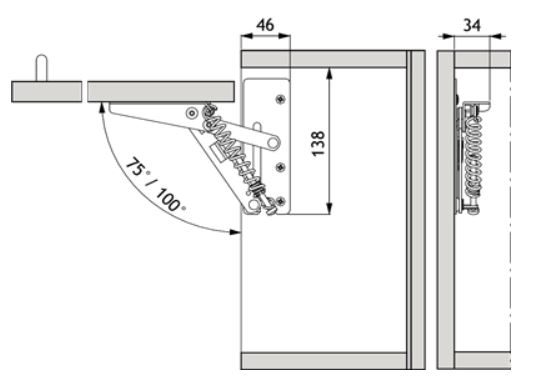 Maattekening liftbeslag in een bovenkast: openingshoek 75° of 100°, plaat 138 mm hoog op 46 mm van de voorkant