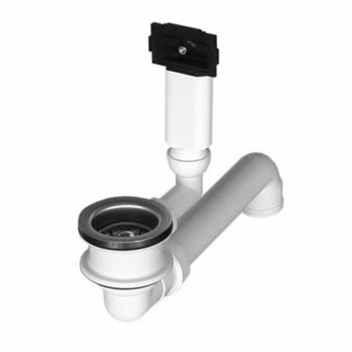 2 inch korfplug set voor enkele bak: RVS korfplug met witte afvoerbocht en opstaande overloopbuis met zwart overloopplaatje