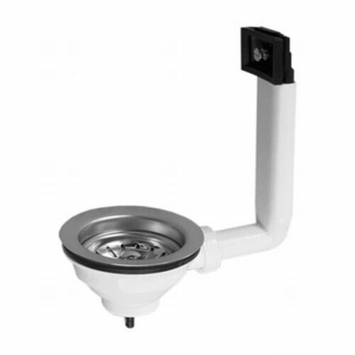 Gootsteen korfplug met overloop: 3½ inch RVS korfplug met witte overloopbuis en overloopplaatje