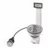 3½ inch Korfplug met waste met overloop. Gootsteen korfplug met waste: 3½ inch RVS korfplug met kabel, bedieningsknop in mat chroom en overloopbuis met overloopplaatje