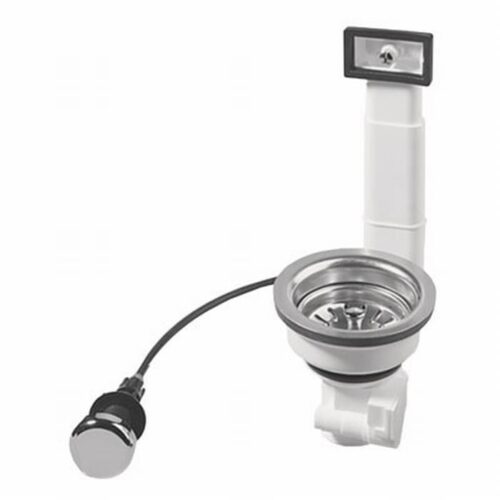 Gootsteen korfplug met waste: 3½ inch RVS korfplug met kabel, bedieningsknop in mat chroom en overloopbuis met overloopplaatje