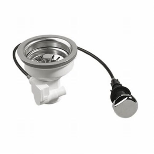 Gootsteen korfplug zonder overloop met waste: 3½ inch RVS korfplug met kabel en ronde bedieningsknop in mat chroom