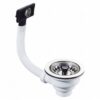 3½ inch Korfplug voor natuurstenen bakken met overloop. Gootsteen korfplug natuursteen: 3½ inch RVS korfplug met flexibele witte overloopslang en zwart overloopplaatje met rozet
