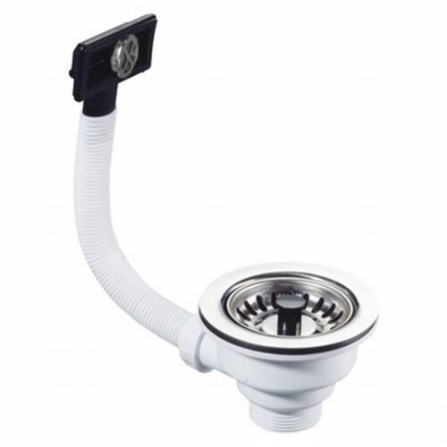 Gootsteen korfplug natuursteen: 3½ inch RVS korfplug met flexibele witte overloopslang en zwart overloopplaatje met rozet