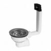 3½ inch korfplug met overloop met zijuitgang. Gootsteen korfplug zijuitgang: 3½ inch RVS korfplug met witte overloopbuis die opzij op het korfhuis aansluit