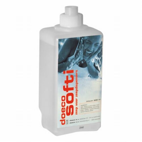 Doeco Softi Inhoud flacon: 500 ml. Doeco Softi inhoud 500 ml: witte flacon handzeep met etiket zeep voor zeepdispensers
