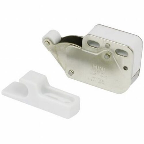 Duwsnapper Mini-latch staal tegenplaat in kunststof Duwsnapper Mini-latch: compacte stalen druksluiting met wit kunststof huis en witte tegenplaat
