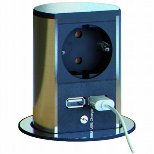 Elevator stopcontact rvs/zwart - Met USB lader. Stopcontact werkblad zwart: ronde RVS-inbouwzuil met zwart front, één contactdoos en twee USB-poorten