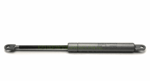 Gasveer Stabilus 0200 N: grijze Lift-O-Mat 8602KG gasveer met zwarte zuigerstang en een bevestigingsoog aan beide uiteinden