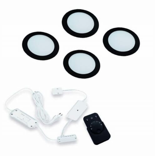 Hera-FR-68-Dynamic-led-sets-zwart-24-V-set-van-4-1 HERA inbouwspot keuken FR-68 set van 4: 4 zwarte ledspots met mat wit lichtvenster, controller en afstandsbediening