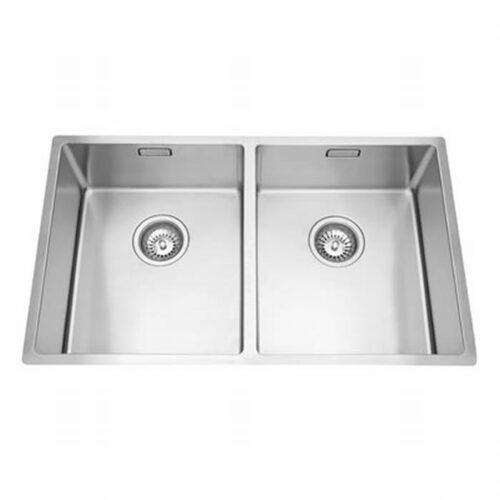 Lorreine 3434-R inleg/onderbouw roestvrijstaal. Lorreine spoelbak 3434-R: dubbele RVS-spoelbak met twee even grote kommen, elk met korfplug en overloopsleuf