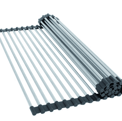 Oprolbaar afdruiprek (bxdxh): 468 x 420 x 9 mm. Afdruiprek 9 mm: oprolbaar rek van RVS-staven met zwarte kunststof uiteinden