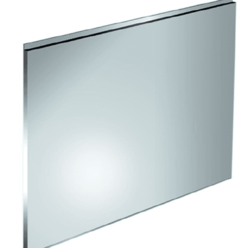 Rvs achterwand budgetmodel 20 mm dik. 900 x 750 x 20 mm. Achterwand keuken rvs 20 mm: rechthoekige RVS-plaat met omgezette randen, schuin gefotografeerd