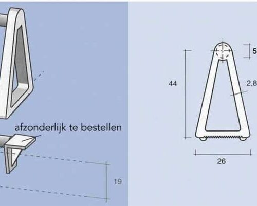 Schap kantelborging wit 5mm Schapdrager 5 mm kantelborging: tekening van een witte driehoekige borging met pen, maten 44 × 26 mm