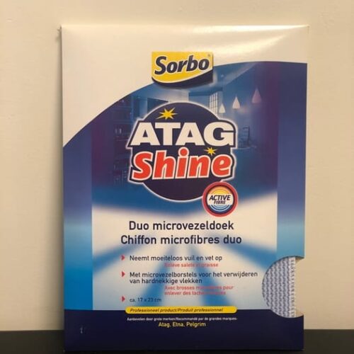 Sorbo ATAG Shine microvezel doek Sorbo ATAG Shine microvezel duodoek in de verpakking, met een stukje doek zichtbaar door het venster