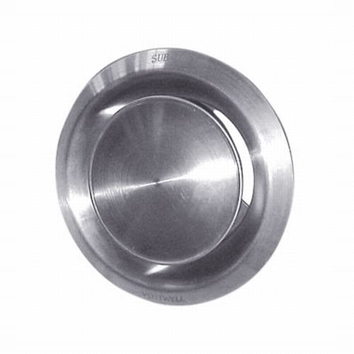 Ventilatierooster rond SUB 120 mm: rond rooster met afdekschijf en brede rand in RVS-look