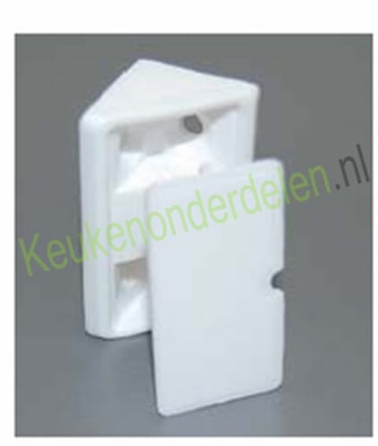 Verbinder-wit-kunststof-voor-constructiebodem-1 Kastverbinder wit: driehoekig wit kunststof blokje met losse afdekplaat voor een constructiebodem