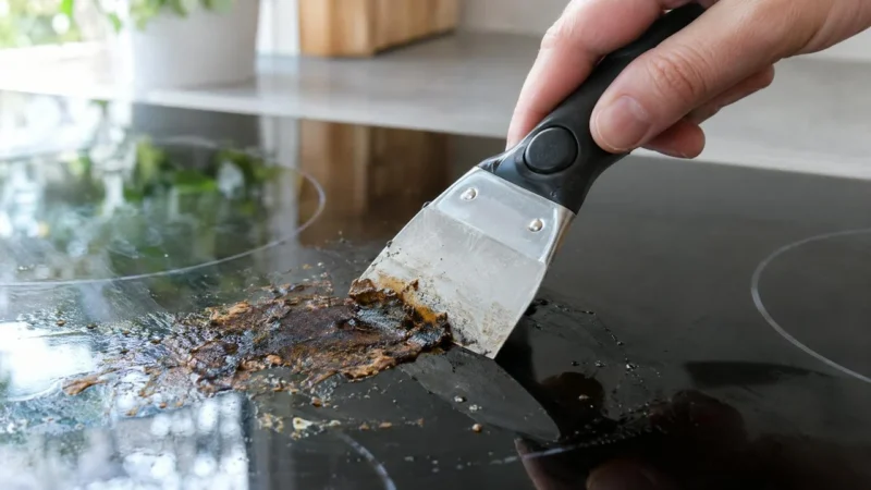 Glasschraper verwijdert aangekoekte etensresten van een zwarte kookplaat