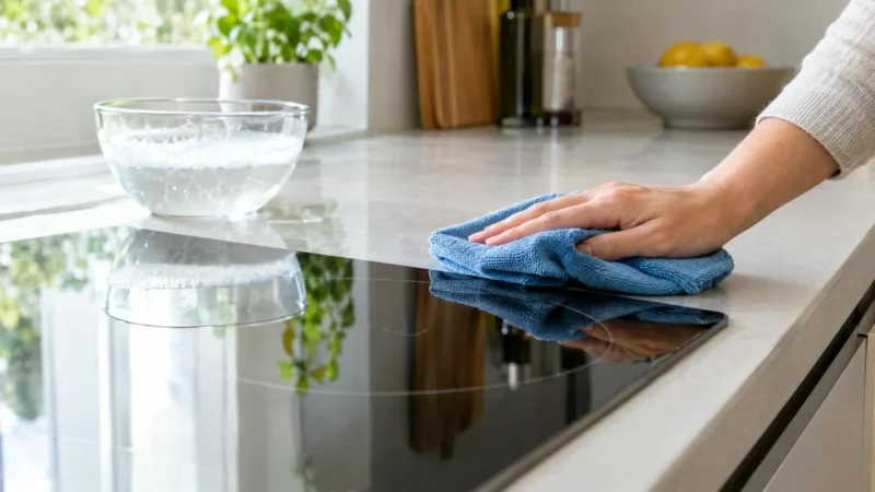 Glazen kookplaat wordt met een blauwe microvezeldoek afgenomen, met een kom sop ernaast