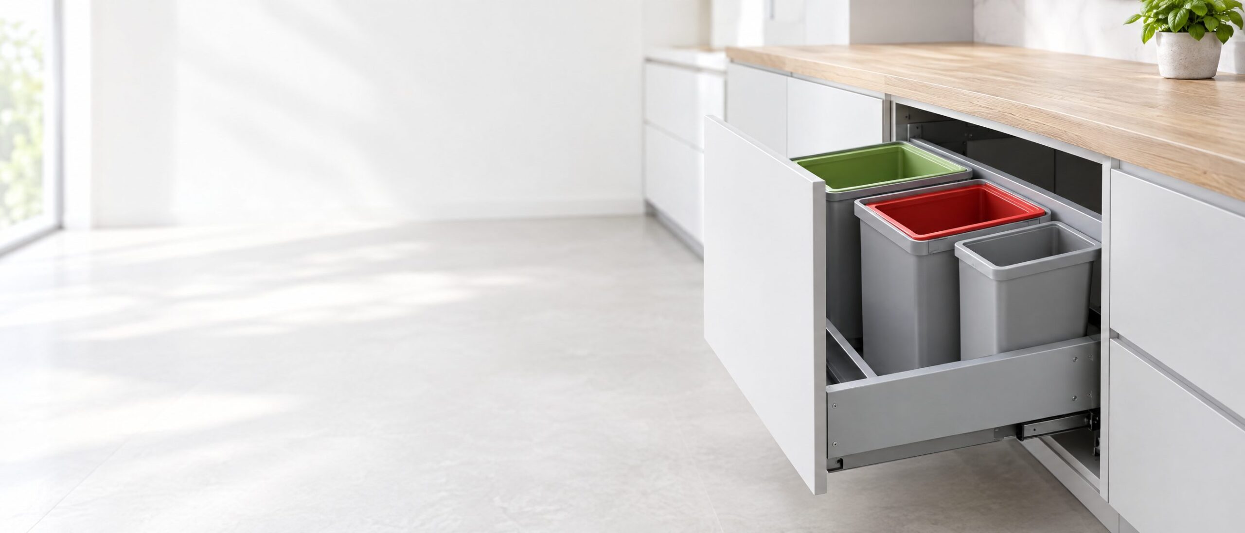 Uitgetrokken keukenlade met een inbouwafvalsysteem met drie afvalemmers in een lichte keuken