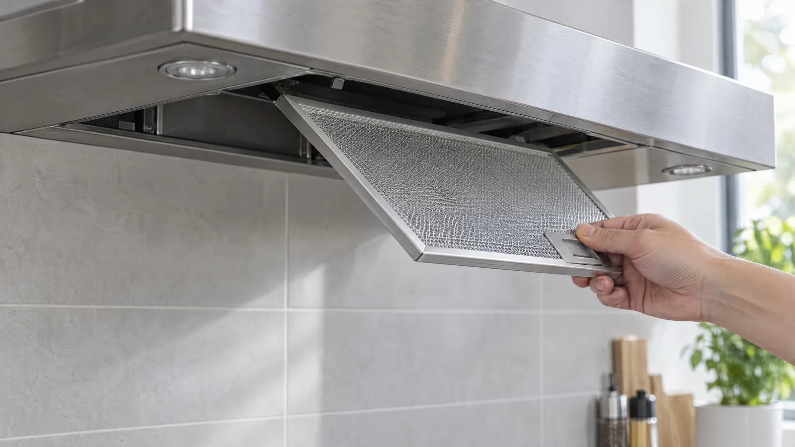 Afzuigkapfilter vervangen: een hand haalt het metalen vetfilter uit de onderkant van een rvs-afzuigkap