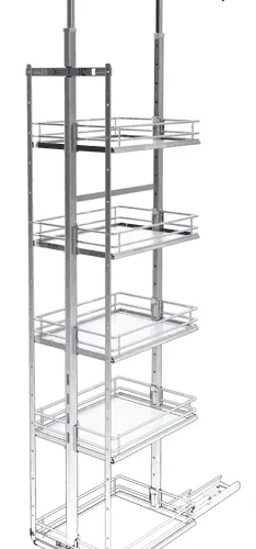 Apotheekbeslag voor 3 manden - Hoogte 950 t/m 1200 mm Apotheekbeslag 3 manden: hoog verchroomd uittrekframe met manden en geleiding, los gefotografeerd
