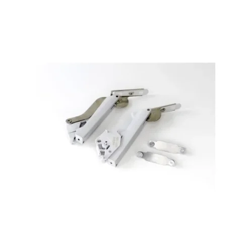 Free space type E wit: twee witte Kesseböhmer klepmechanismen met lichte armen en twee metalen frontbevestigingsplaatjes