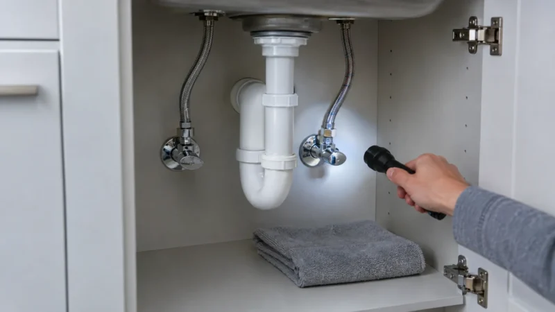 Kastje onder de gootsteen met flexibele slangen op stopkranen, iemand controleert met een zaklamp op lekkage