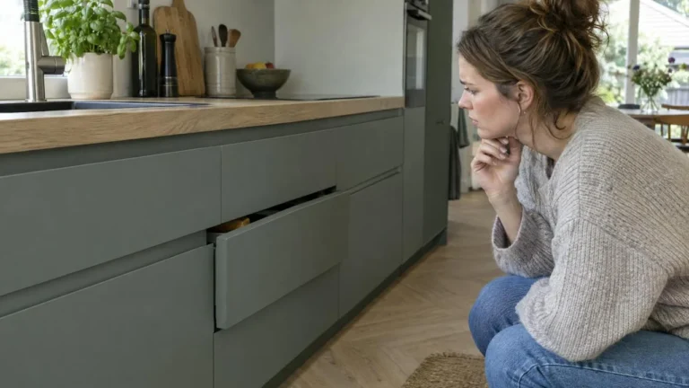 Keukenlade die een paar centimeter open blijft staan, met een scheef front