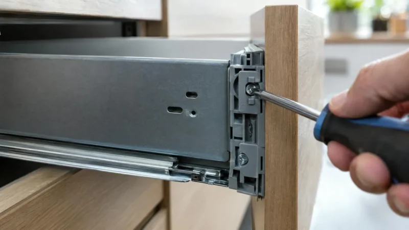 Frontbevestiging aan de metalen zijwand van een lade wordt met een schroevendraaier bijgesteld