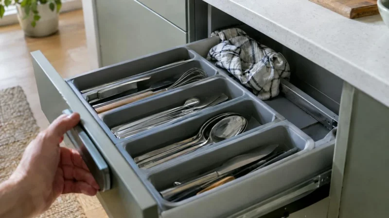Lade helemaal uitgetrokken met een bestekbak en een theedoek die achter de lade klem zit