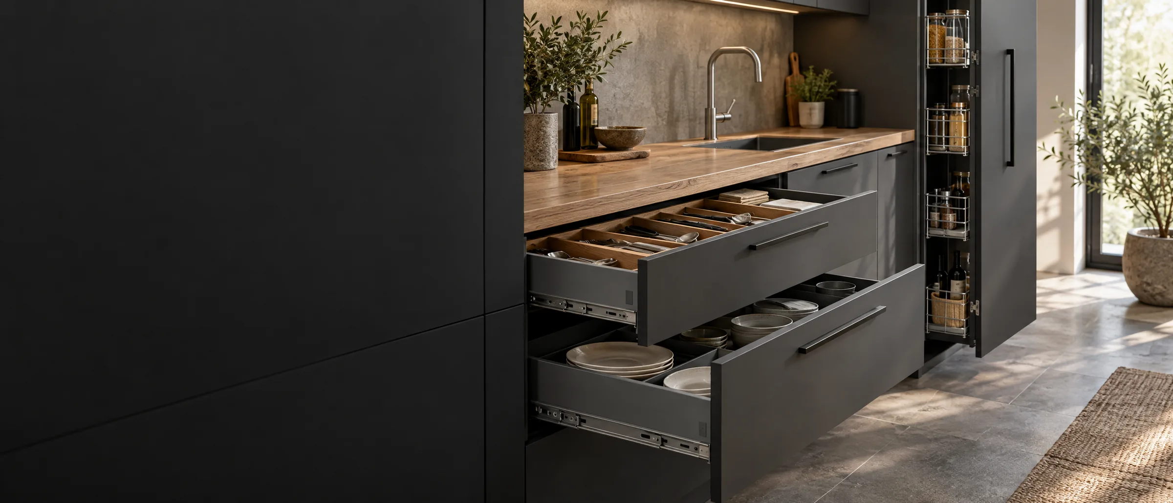 Aanbiedingen: zwarte keuken met twee geopende lades vol keukengerei en een hoge voorraadkast