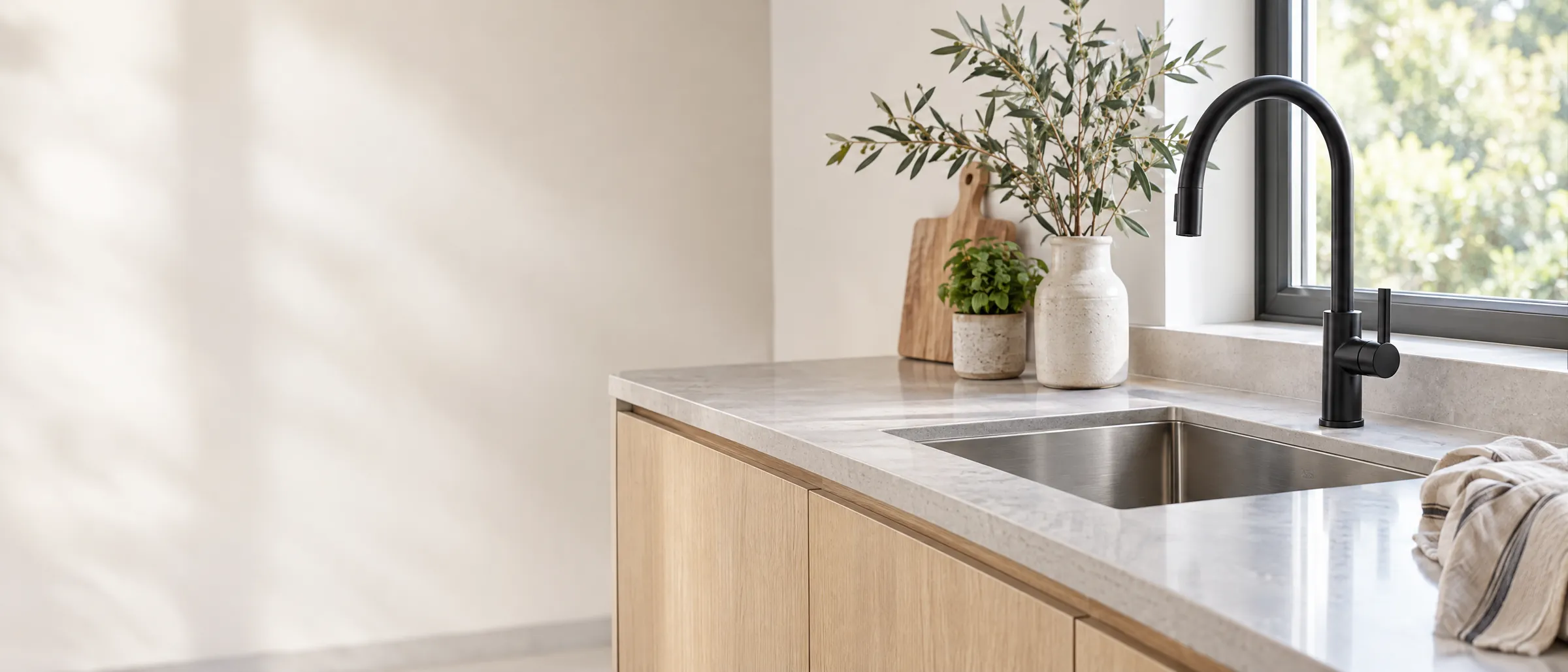 Contact: lichte keuken met een rvs-spoelbak, zwarte kraan en planten bij het raam