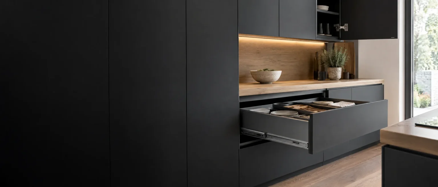 Moderne zwarte keuken met een geopende lade op ladegeleiders, een houten werkblad en ledverlichting onder de bovenkasten