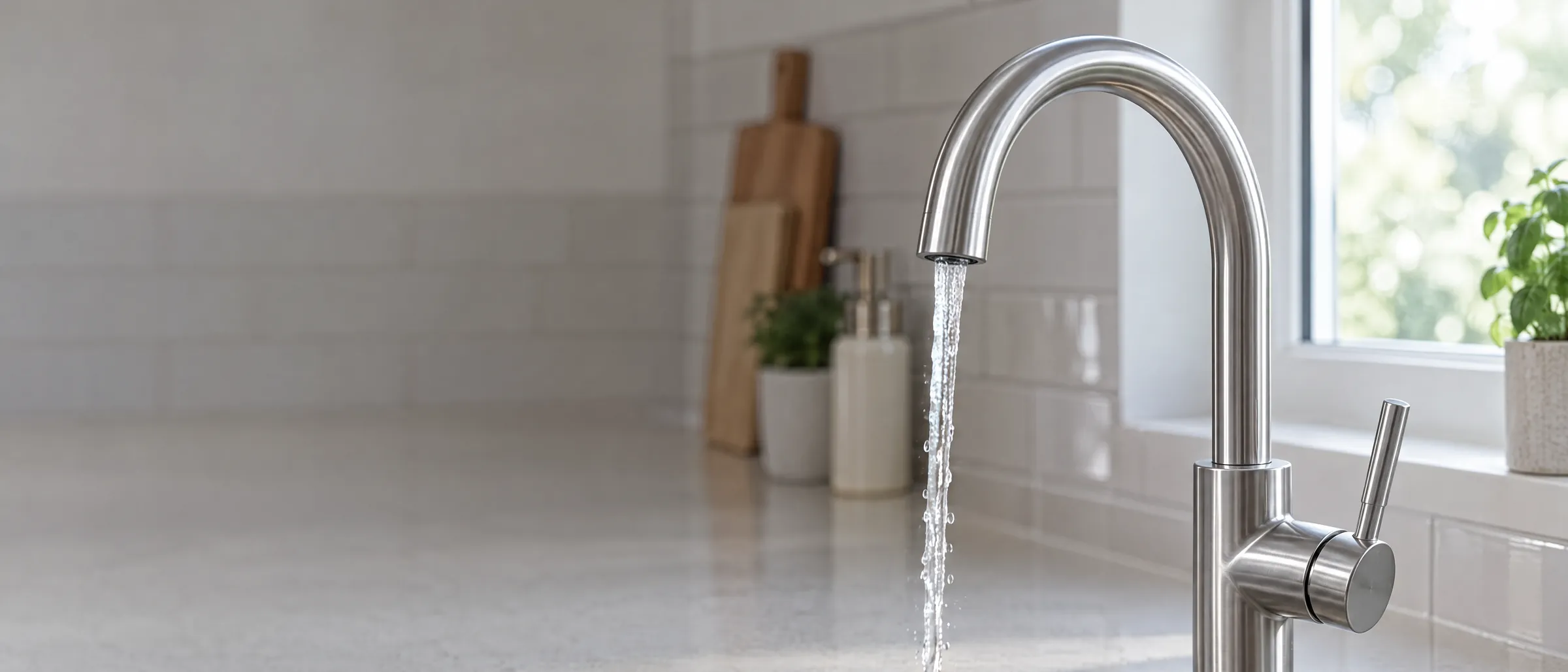 RVS-keukenmengkraan met stromend water boven een spoelbak