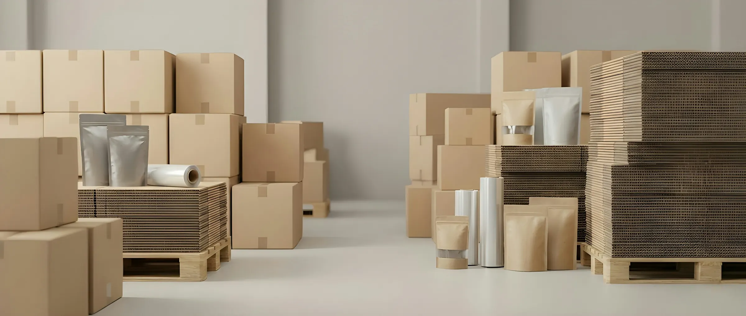Verzenden: kartonnen dozen en pakketten op pallets, klaar om te versturen