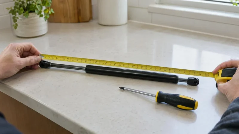 Losse gasveer wordt met een rolmaat opgemeten op het aanrecht, met een schroevendraaier ernaast