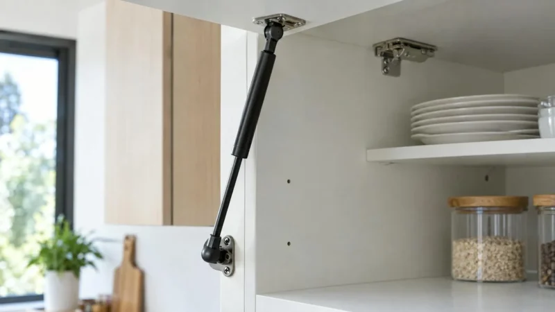 Zwarte gasveer tussen de zijwand van een bovenkast en de klep, met beide draaipunten zichtbaar