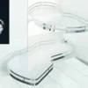 Lemans Arena (wit/chroom) 60 cm R 20KG (90° hoek oplossing) Le Mans hoekkast 90 graden 60 cm: twee witte niervormige tabletten met chromen rand, uitgezwenkt uit een hoekkast