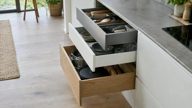 Drie open keukenladen: met grijze metalen zijwanden, met smalle witte zijwanden en een houten lade