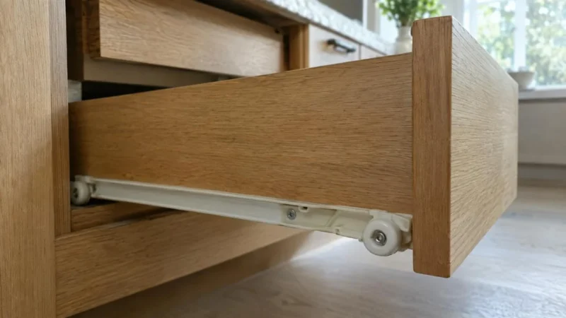 Houten lade op crèmewitte rolgeleiders met wieltjes aan de onderkant