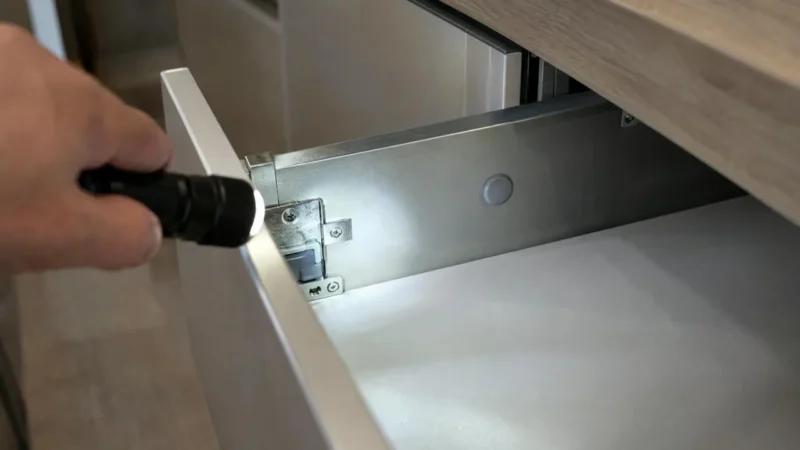 Met een zaklamp de binnenkant van een lade bekijken bij de frontbevestiging